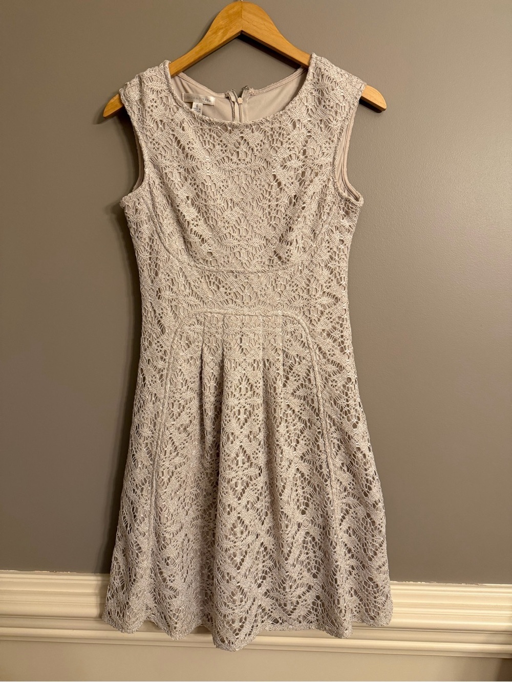 London Times Beige Crochet Lace Fit Flare Cocktail Dress Neutral Wedding Guest 6